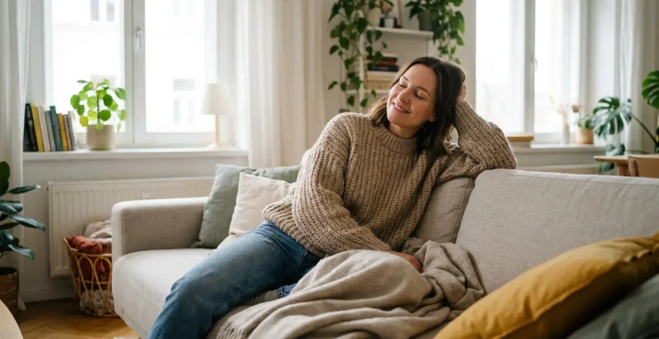 Femme européenne détendue dans son salon lumineux, moment de relaxation CBD-P