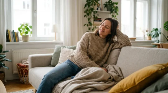 Femme européenne détendue dans son salon lumineux, moment de relaxation CBD-P