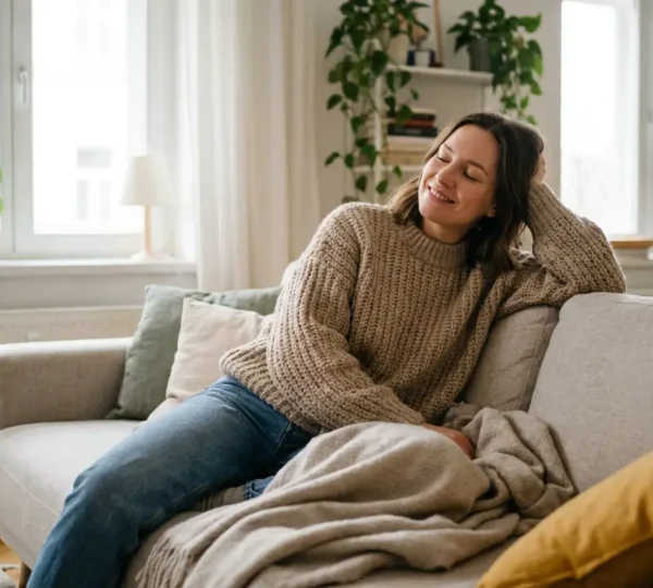 Femme européenne détendue dans son salon lumineux, moment de relaxation CBD-P