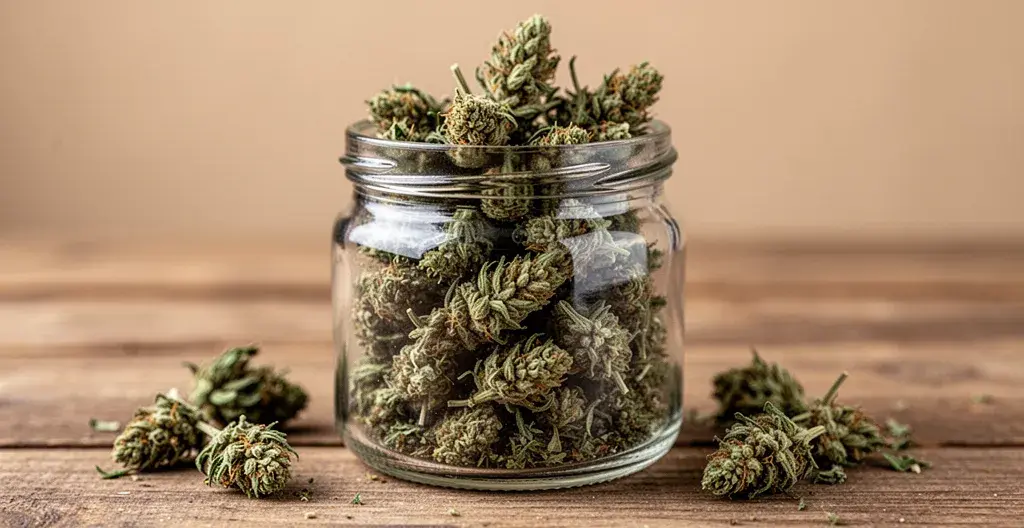 Fleurs de chanvre CBD-P séchées dans un pot en verre sur table en bois