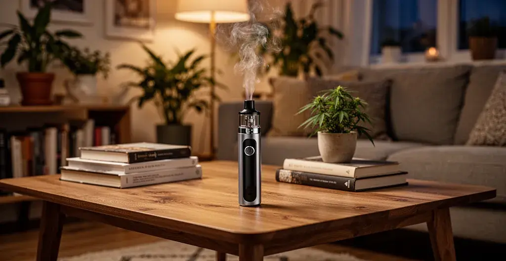 Vaporisateur herbe sèche posé sur table basse dans salon chaleureux